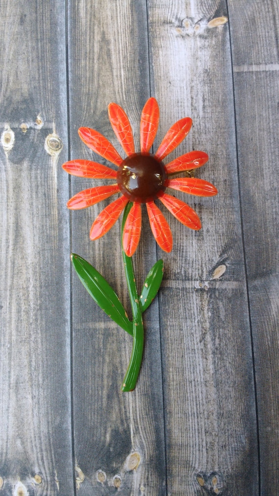 Vintage bright orange flower brooch