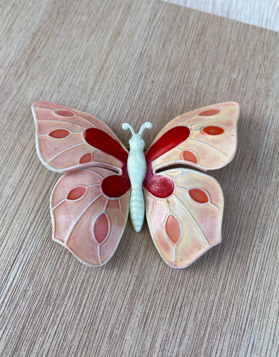 Pretty vintage pink and red enamel butterfly broo… - image 2