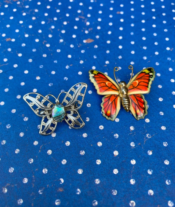 Pair of pretty vintage butterfly brooches painted 