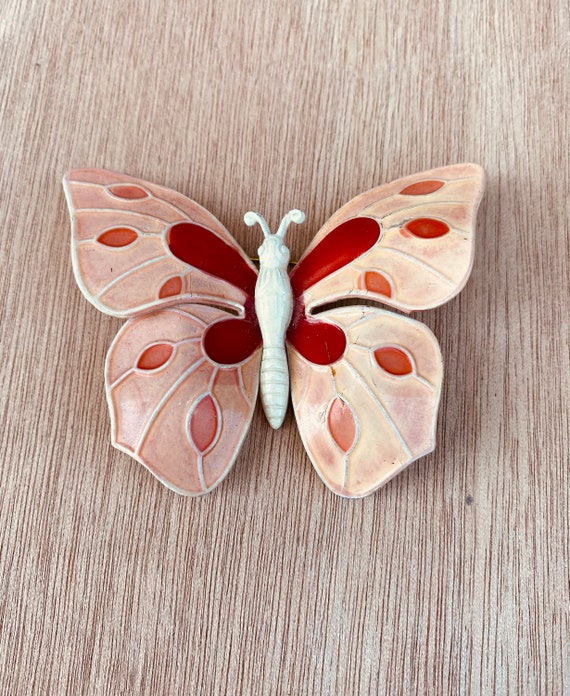 Pretty vintage pink and red enamel butterfly broo… - image 1