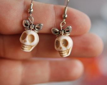 PICK YOUR COLOR- Day of the dead sugar skull with bow earrings/turquoise skulls