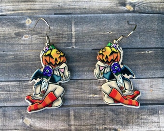 Adorable tattooed pumpkin lady with wings pin up style acrylic earrings Halloween
