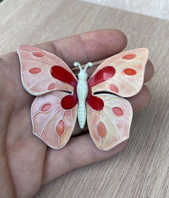 Pretty vintage pink and red enamel butterfly broo… - image 6