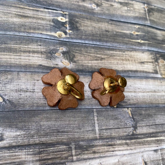 Pretty vintage carved leather flower screw back e… - image 5