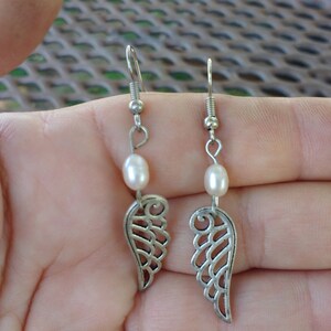 Silver tone wings earrings bird pearl beads image 5