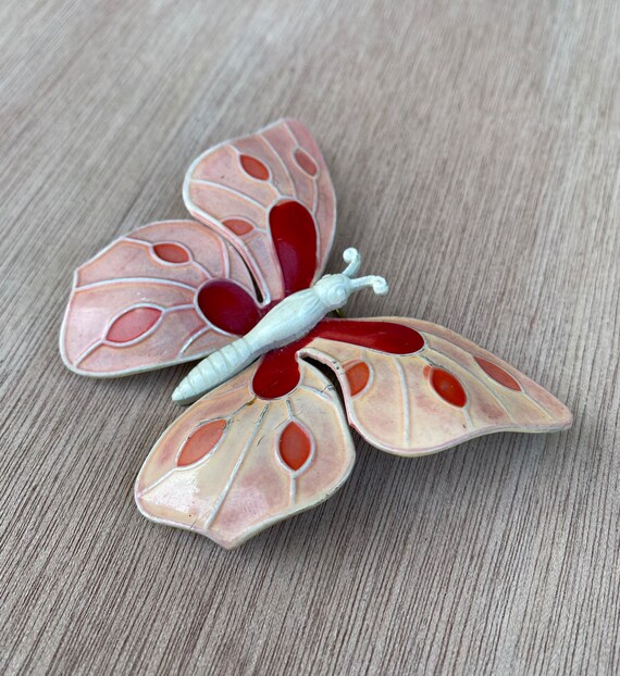 Pretty vintage pink and red enamel butterfly broo… - image 5