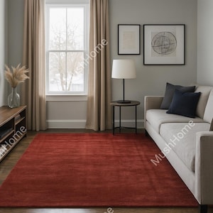 Hand-Tufted Burnt Red Wool Rug: Modern Living Room Decor