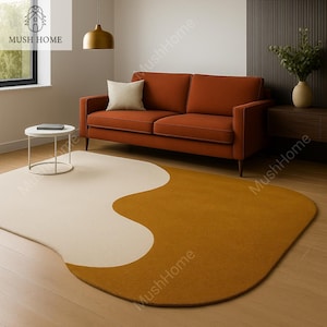 Irregular Ivory Gold Abstract Rug for Home Decor - Hand Tufted Wavy Shape & Pattern Rug in All Custom Size Available for Living Room Bedroom