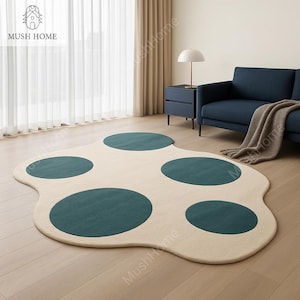 Handgetufteter Wollteppich: Rund Elfenbein & Grünes Bio-Muster - Boho Home Decor