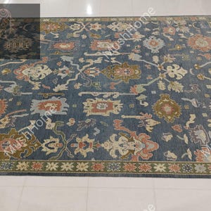 9'X12' Blue And Green Rug, Oushak Rug With Ivory, Olive Green & Abstract Motifs: Modern Coastal Comfort Area Rug