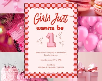 Girls Just Wanna Be One, Themed 1st Birthday Party Invite, Pink & Red Girly Party Invitation, Girl 1st Birthday Idea, Fun Matching Template