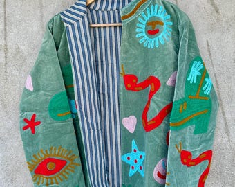 Velvet Suzani Snake Embroidered Jacket Handmade Artistic Outerwear Coat Bohemian Winter Wear Jacket For Unisex
