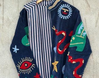 Hand Embroidered Velvet Jacket Western Cowboy Velvet Jacket Evil Eye Snake Coat Boho Festival Statement Jacket Wearable Art Gift For Her
