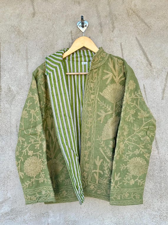 Handmade Green TNT Fabric Suzani Jacket For Women Floral Embroidered Boho Coat Vintage Ethnic Outerwear Festival Fashion Jacket Gift For Her