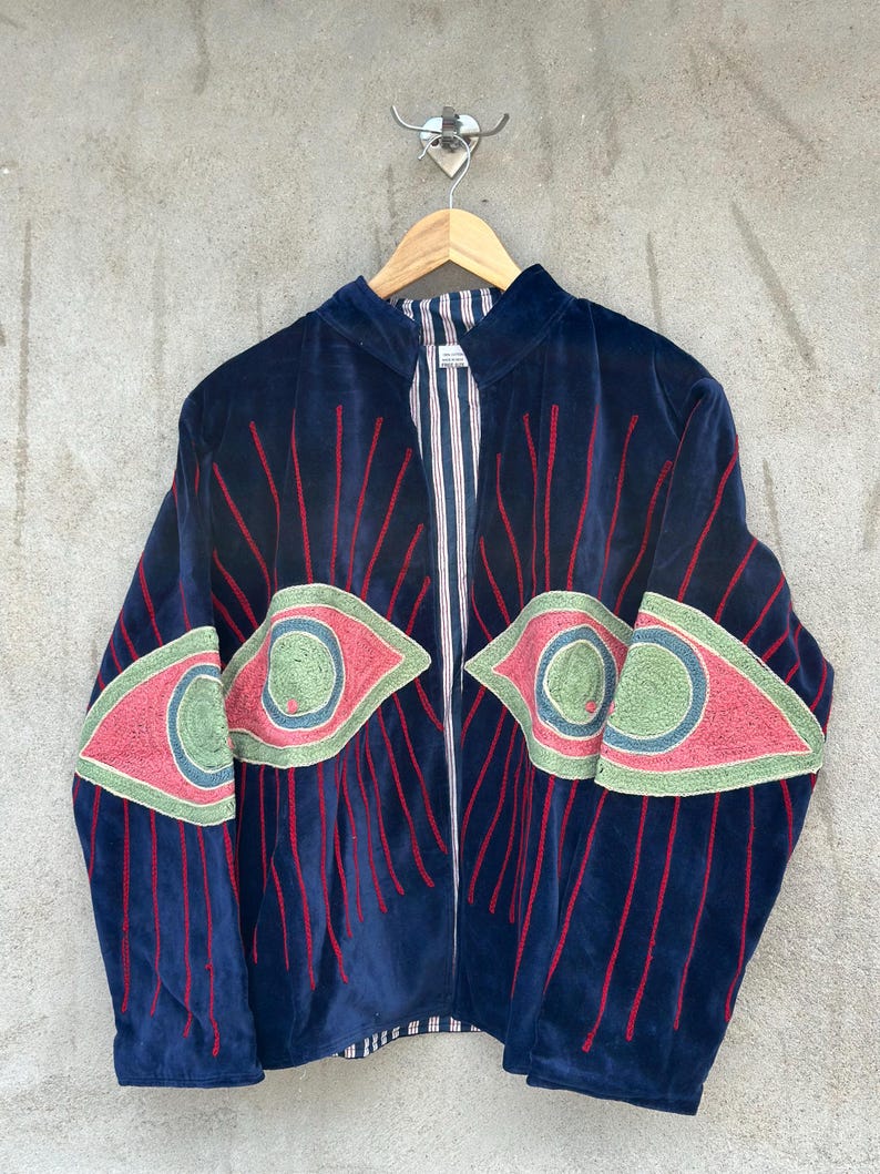 Hand Embroidered Evil Eye Velvet Suzani Jacket Boho Festival Coat Artistic Suzani Outerwear For Women's Statement Blazer Gift For Her image 5