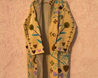 Mustard Beige Velvet Suzani Long Coat Multicolor Hand Embroidered Boho Jacket for Women