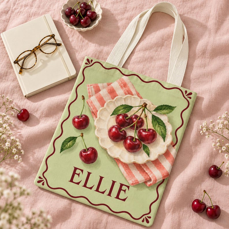Vintage Cherry Canvas Zipper Tote with Interior Pocket