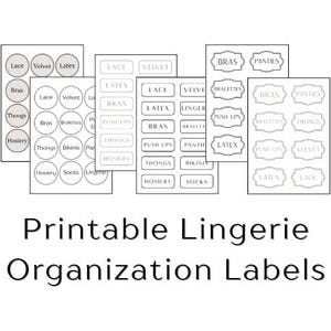 May include: Printable lingerie organization labels in various shapes and sizes. Labels include terms like "Lace," "Velvet," "Bras," "Thongs," and "Hosiery." The text "Printable Lingerie Organization Labels" is also present.