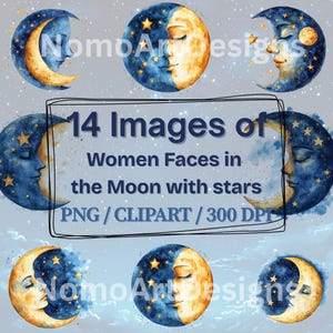 Aquarel maan en sterren, vrouwen gezicht in de maan, maan en sterren clipart, nacht clipart, maan sterren nacht clipart, vrouwen gezicht clipart, png