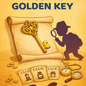Op de afbeelding: Illustratie voor het mysteriespel "The Missing Golden Key". Een gouden sleutel ligt op een rol, met aanwijzingen en een silhouet van een detective. De tekst "The Missing Golden Key" en "A Printable Mystery Game" worden weergegeven.
