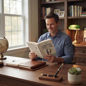 May include: A book titled The Organized Parent's Guide to School Year with a light cover, held by a person wearing a blue button-down shirt. The book features an illustration of an adult and child. A brown leather journal and a pen set sit on the desk.