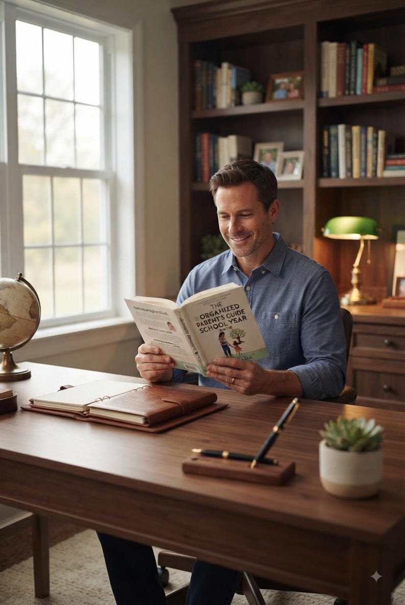 May include: A book titled The Organized Parent's Guide to School Year with a light cover, held by a person wearing a blue button-down shirt. The book features an illustration of an adult and child. A brown leather journal and a pen set sit on the desk.