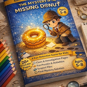 May include: A children's activity book, "The Mystery of the Missing Donut", featuring a cartoon detective and a golden donut. Suitable for ages 5-8, it includes clues, puzzles, and investigation pages. The book is designed for children.