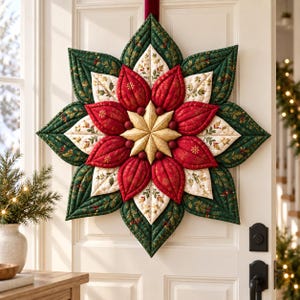 Quilted Christmas Wreath Sewing Pattern PDF, 3D Fabric Nordic Star Door Decor