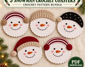 Snowman Crochet Coaster Pattern PDF, 5 Christmas Coasters, Holiday Mug Rug, Winter Decor, Digital Download