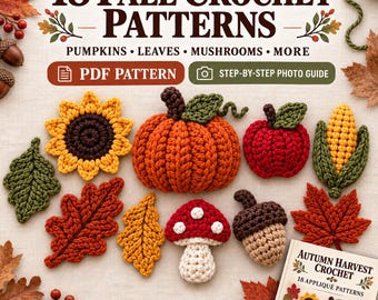18 Autumn Crochet Patterns Bundle PDF, Pumpkin Mushroom Acorn & Fall Decor