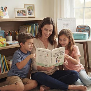 May include: A hardcover book titled The Organized Parent's Guide School Year with a light green and white cover featuring an illustration of a parent and child. The book is held open, displaying text and a Back to School Checklist on the pages.
