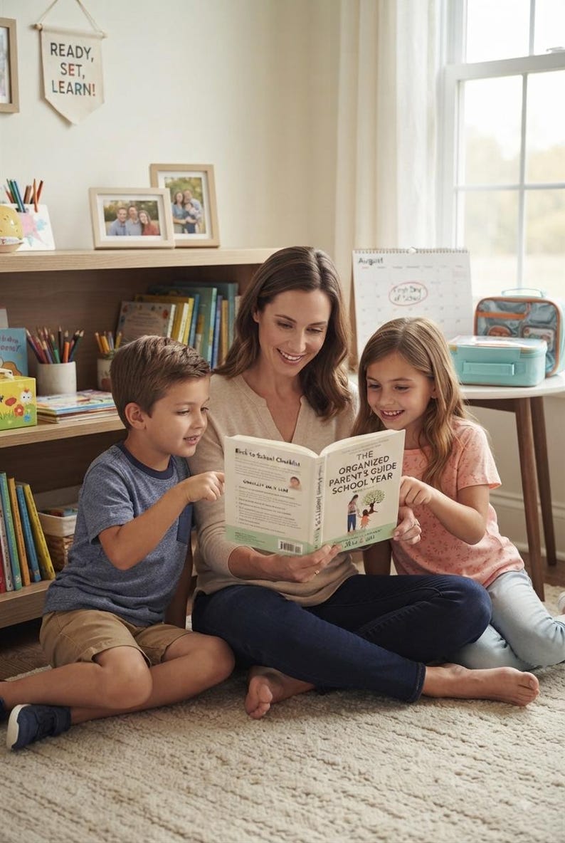 May include: A hardcover book titled The Organized Parent's Guide School Year with a light green and white cover featuring an illustration of a parent and child. The book is held open, displaying text and a Back to School Checklist on the pages.