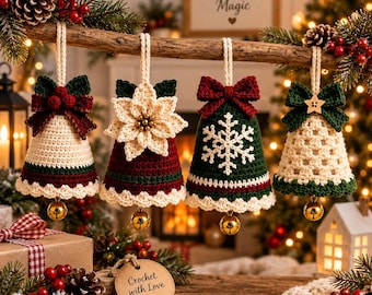 4 Christmas Bell Crochet Patterns PDF, Holiday Tree Ornament Bundle, Poinsettia & Snowflake Designs