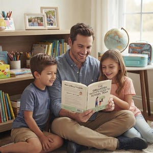 May include: A book titled The Organized Parent's Guide to School Year with a light green and white cover, held open by a person wearing a blue button-down shirt and tan pants, while a young child in a blue shirt and another in a peach shirt look on.