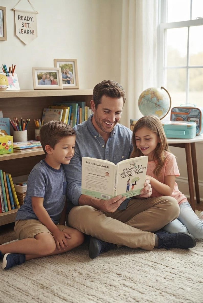 May include: A book titled The Organized Parent's Guide to School Year with a light green and white cover, held open by a person wearing a blue button-down shirt and tan pants, while a young child in a blue shirt and another in a peach shirt look on.