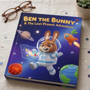 Peut inclure: Un livre pour enfants intitulé "Ben the Bunny & The Lost Planet Adventure" présente un lapin astronaute de dessin animé en combinaison spatiale. La couverture comprend des planètes, une fusée et une galaxie sur fond bleu foncé. Des lunettes écaille et une plante succulente en pot sont en arrière-plan.