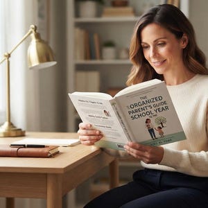 May include: A book titled The Organized Parent's Guide to the School Year with a white cover, black text, and a small illustration of an adult and child. The book is held open, displaying printed text and a light green accent band at the bottom.