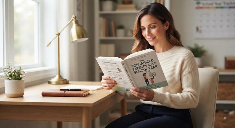 May include: A book titled The Organized Parent's Guide to the School Year with a white cover, black text, and a small illustration of an adult and child. The book is held open, displaying printed text and a light green accent band at the bottom.