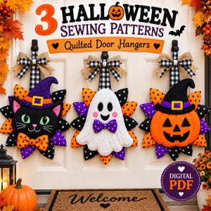 May include: Three quilted door hangers featuring Halloween designs: a black cat in a purple hat, a white ghost with a purple bow tie, and an orange jack-o'-lantern in a black hat. Each hanger has a black and white plaid bow and hanging strap.