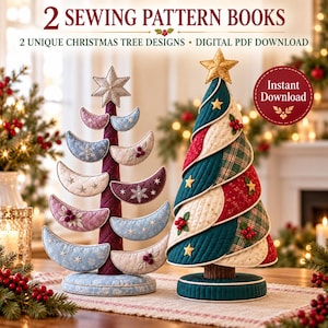 2 Christmas Tree Sewing Patterns PDF Bundle, Quilted Fabric Tabletop Trees, Spiral & Branch Tree Designs, Holiday Decor Digital Download