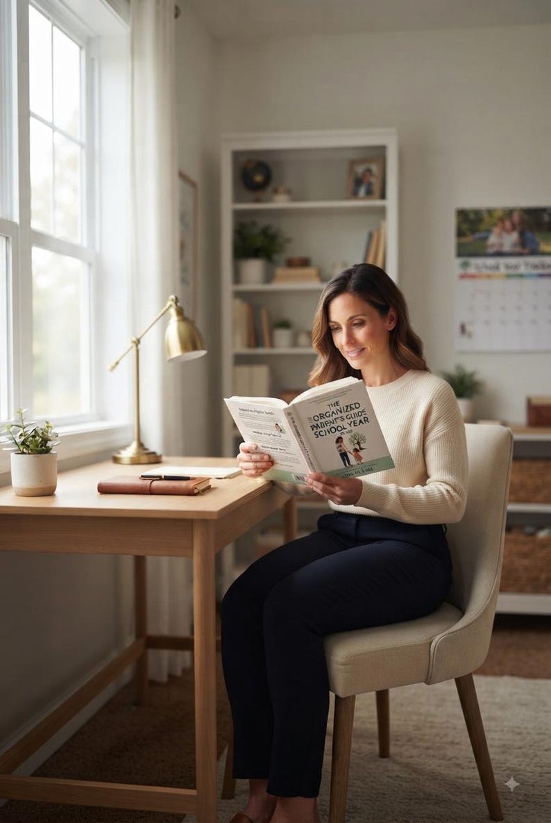 May include: A book titled The Organized Parent's Guide to School Year with a white cover and an illustration of a parent and child. The book is held open, displaying text and a graphic on the pages, while resting on a light wood desk.