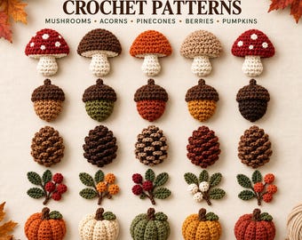 20 Woodland Crochet Patterns PDF Bundle: Mushrooms, Acorns, Pinecones, Berries and Pumpkins