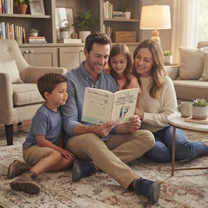 May include: A hardcover book titled The Organized Parent's Guide to School Year with a light green cover and an illustration of a person holding a tree, being held open by an adult while a child and another adult look at the pages together.