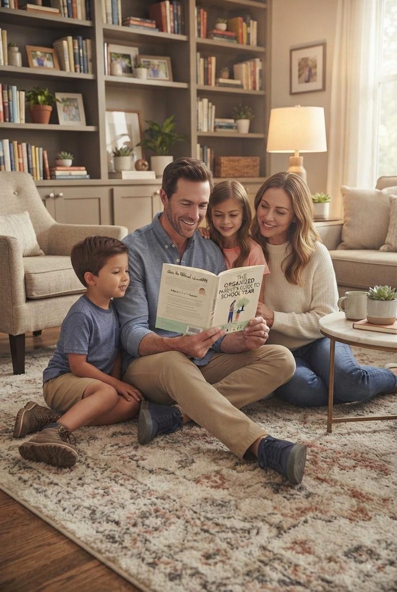 May include: A hardcover book titled The Organized Parent's Guide to School Year with a light green cover and an illustration of a person holding a tree, being held open by an adult while a child and another adult look at the pages together.