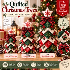 May include: A digital sewing pattern for three quilted Christmas trees in small, medium, and large sizes. The trees feature red, green, and white fabric squares with snowflake and holly embroidery, topped with a star and a plaid bow.
