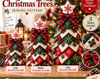 May include: A digital sewing pattern for three quilted Christmas trees in small, medium, and large sizes. The trees feature red, green, and white fabric squares with snowflake and holly embroidery, topped with a star and a plaid bow.