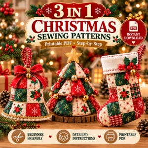 Può includere: Un set di cartamodelli natalizi 3 in 1 in PDF stampabile che include una campana trapuntata, un albero di Natale in tessuto e una calza. Gli articoli sono decorati con motivi di stelle di Natale e fiocchi di neve rossi, verdi e bianchi.