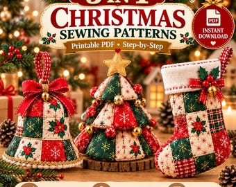 May include: A 3 in 1 Christmas sewing patterns printable PDF set featuring a quilted bell, a fabric Christmas tree, and a stocking. The items are decorated with red, green, and white poinsettia and snowflake patterns, gold accents, and bows.