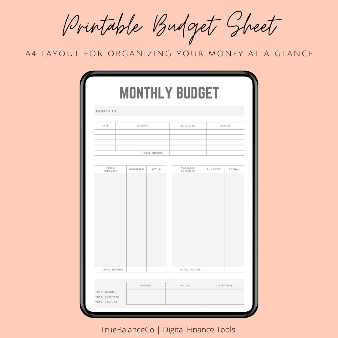 Monthly Budget Planner Printable | A4 PDF | Grey Minimalist Budget Sheet | Instant Download | Personal Finance Tracker