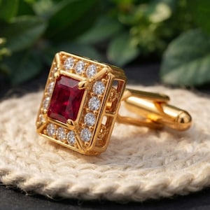 Ruby Gold Plated CZ Halo Cufflinks, Square Red Gemstone Men's Formal Accessories